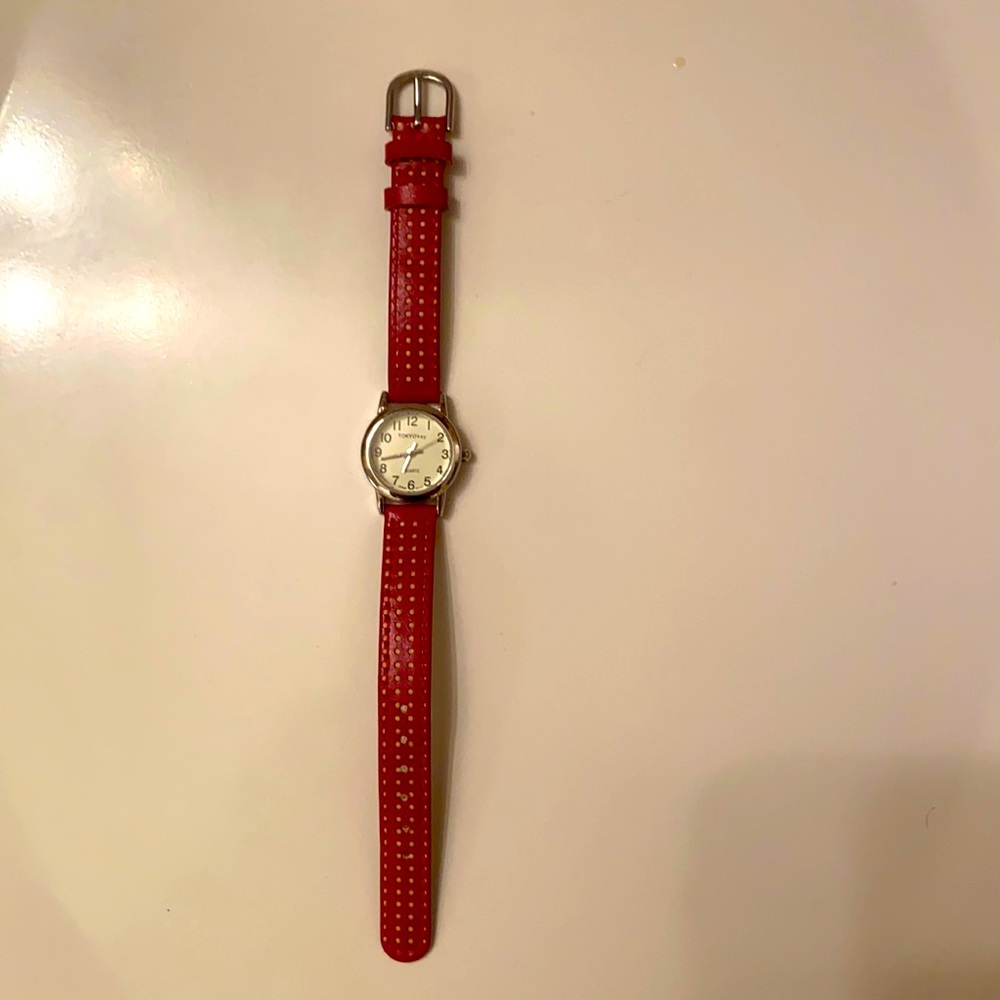 TOKYObay watch with red leather band with stainless steel color hands and rim